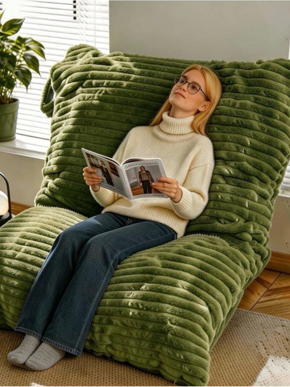 Green Plush Ribbed bean bag cover